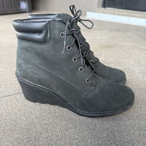 Timberland Boots Women's Amston Size 10 Wedge Heel Black Nubuck Lace Up Bootie